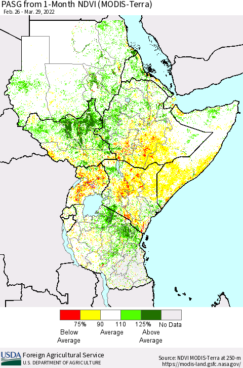 Eastern Africa PASG from 1-Month NDVI (Terra-MODIS) Thematic Map For 3/21/2022 - 3/31/2022