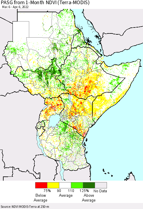 Eastern Africa PASG from 1-Month NDVI (Terra-MODIS) Thematic Map For 3/30/2022 - 4/6/2022