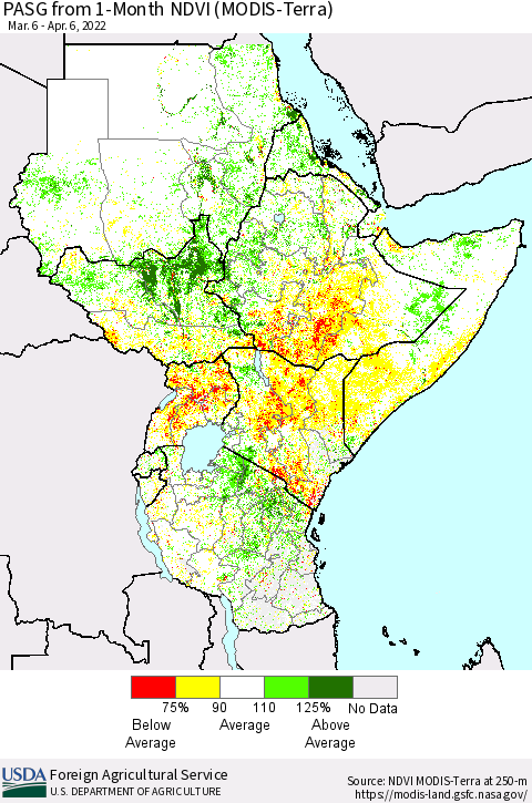 Eastern Africa PASG from 1-Month NDVI (Terra-MODIS) Thematic Map For 4/1/2022 - 4/10/2022