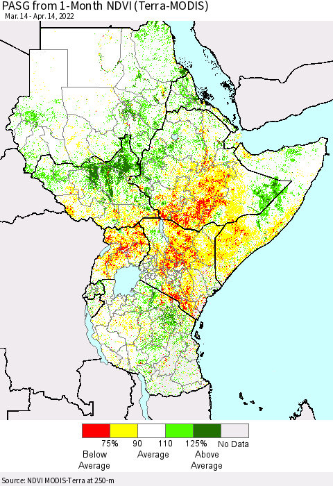 Eastern Africa PASG from 1-Month NDVI (Terra-MODIS) Thematic Map For 4/7/2022 - 4/14/2022