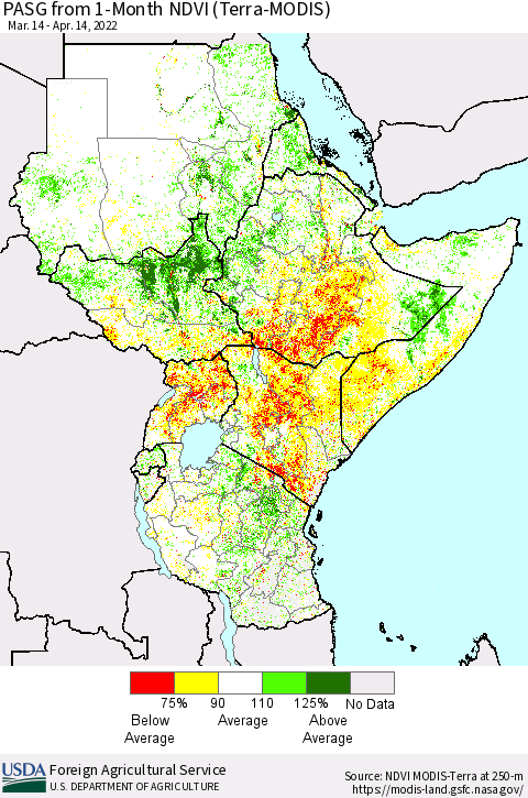 Eastern Africa PASG from 1-Month NDVI (Terra-MODIS) Thematic Map For 4/11/2022 - 4/20/2022