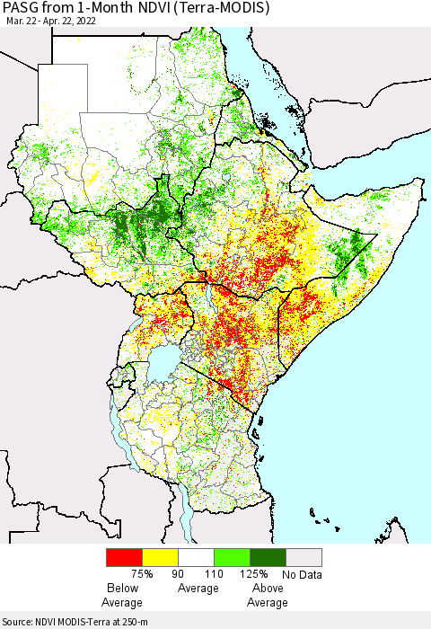 Eastern Africa PASG from 1-Month NDVI (Terra-MODIS) Thematic Map For 4/15/2022 - 4/22/2022