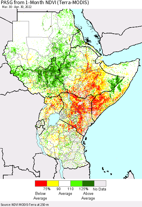 Eastern Africa PASG from 1-Month NDVI (Terra-MODIS) Thematic Map For 4/23/2022 - 4/30/2022