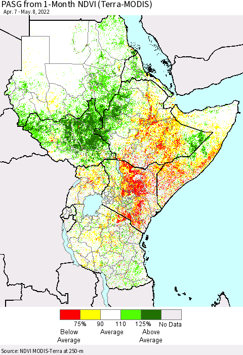 Eastern Africa PASG from 1-Month NDVI (Terra-MODIS) Thematic Map For 5/1/2022 - 5/8/2022