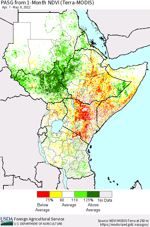 Eastern Africa PASG from 1-Month NDVI (Terra-MODIS) Thematic Map For 5/1/2022 - 5/10/2022