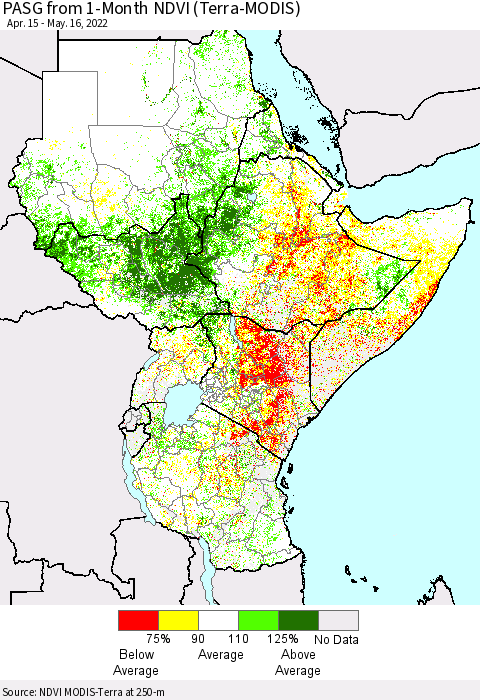 Eastern Africa PASG from 1-Month NDVI (Terra-MODIS) Thematic Map For 5/9/2022 - 5/16/2022
