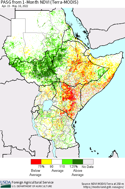 Eastern Africa PASG from 1-Month NDVI (Terra-MODIS) Thematic Map For 5/11/2022 - 5/20/2022