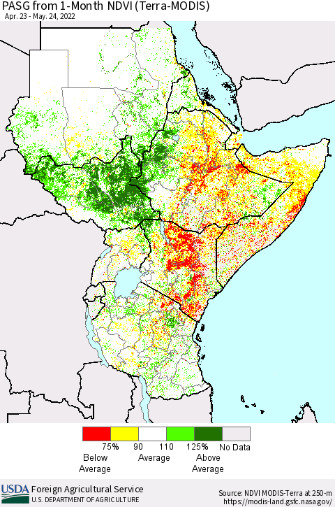 Eastern Africa PASG from 1-Month NDVI (Terra-MODIS) Thematic Map For 5/21/2022 - 5/31/2022