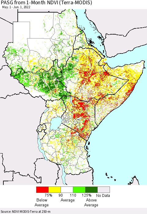 Eastern Africa PASG from 1-Month NDVI (Terra-MODIS) Thematic Map For 5/25/2022 - 6/1/2022