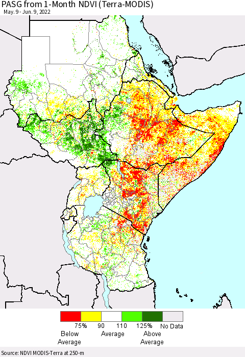 Eastern Africa PASG from 1-Month NDVI (Terra-MODIS) Thematic Map For 6/2/2022 - 6/9/2022