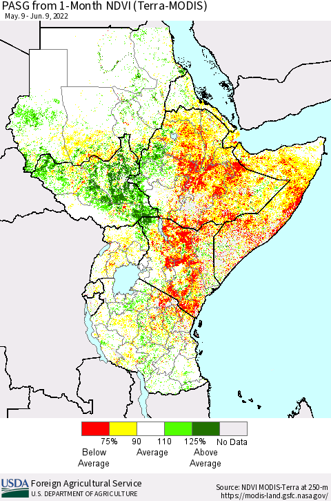 Eastern Africa PASG from 1-Month NDVI (Terra-MODIS) Thematic Map For 6/1/2022 - 6/10/2022