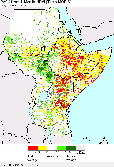 Eastern Africa PASG from 1-Month NDVI (Terra-MODIS) Thematic Map For 6/10/2022 - 6/17/2022