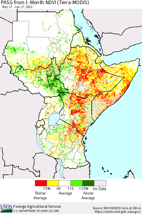 Eastern Africa PASG from 1-Month NDVI (Terra-MODIS) Thematic Map For 6/11/2022 - 6/20/2022