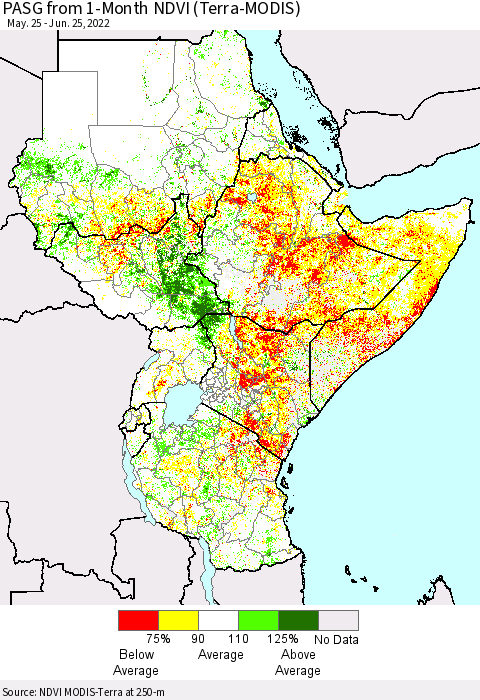 Eastern Africa PASG from 1-Month NDVI (Terra-MODIS) Thematic Map For 6/18/2022 - 6/25/2022