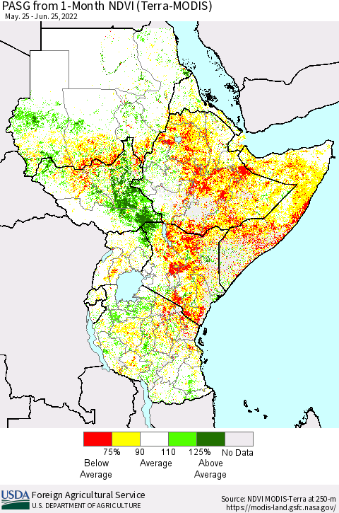 Eastern Africa PASG from 1-Month NDVI (Terra-MODIS) Thematic Map For 6/21/2022 - 6/30/2022