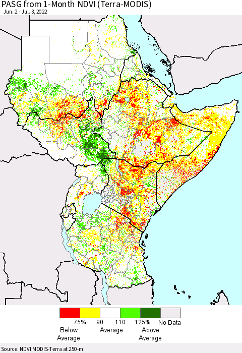 Eastern Africa PASG from 1-Month NDVI (Terra-MODIS) Thematic Map For 6/26/2022 - 7/3/2022
