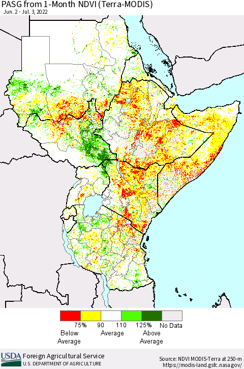 Eastern Africa PASG from 1-Month NDVI (Terra-MODIS) Thematic Map For 7/1/2022 - 7/10/2022