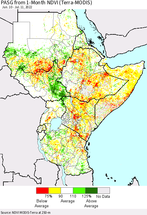 Eastern Africa PASG from 1-Month NDVI (Terra-MODIS) Thematic Map For 7/4/2022 - 7/11/2022