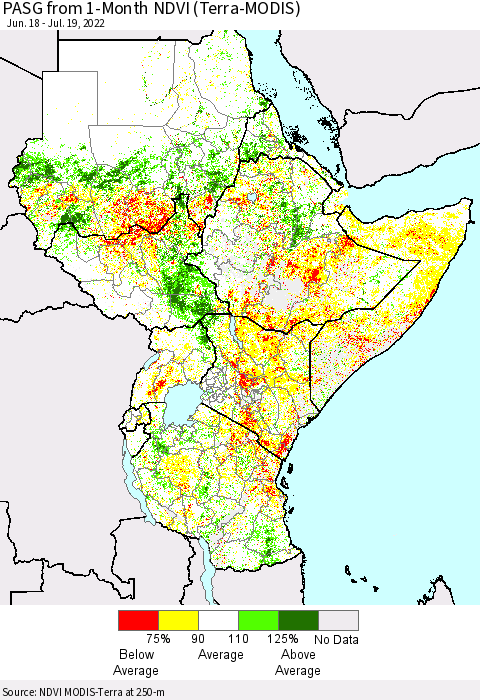 Eastern Africa PASG from 1-Month NDVI (Terra-MODIS) Thematic Map For 7/12/2022 - 7/19/2022