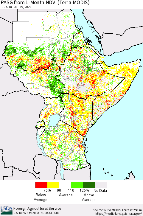 Eastern Africa PASG from 1-Month NDVI (Terra-MODIS) Thematic Map For 7/11/2022 - 7/20/2022