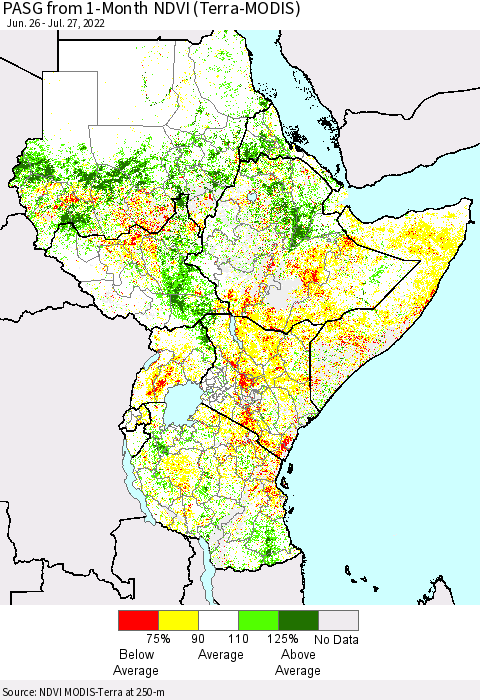 Eastern Africa PASG from 1-Month NDVI (Terra-MODIS) Thematic Map For 7/20/2022 - 7/27/2022