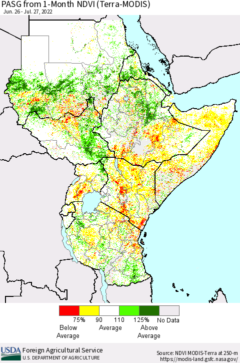Eastern Africa PASG from 1-Month NDVI (Terra-MODIS) Thematic Map For 7/21/2022 - 7/31/2022