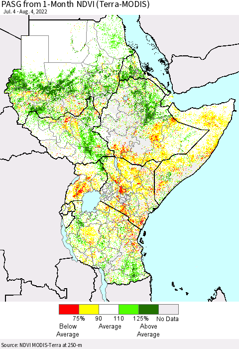 Eastern Africa PASG from 1-Month NDVI (Terra-MODIS) Thematic Map For 7/28/2022 - 8/4/2022