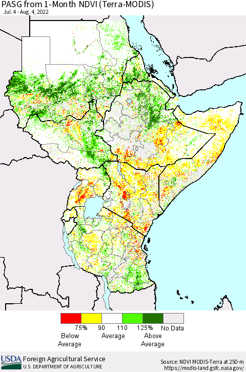 Eastern Africa PASG from 1-Month NDVI (Terra-MODIS) Thematic Map For 8/1/2022 - 8/10/2022