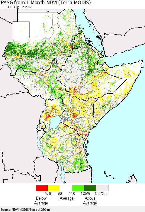 Eastern Africa PASG from 1-Month NDVI (Terra-MODIS) Thematic Map For 8/5/2022 - 8/12/2022