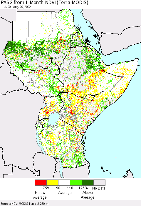 Eastern Africa PASG from 1-Month NDVI (Terra-MODIS) Thematic Map For 8/13/2022 - 8/20/2022