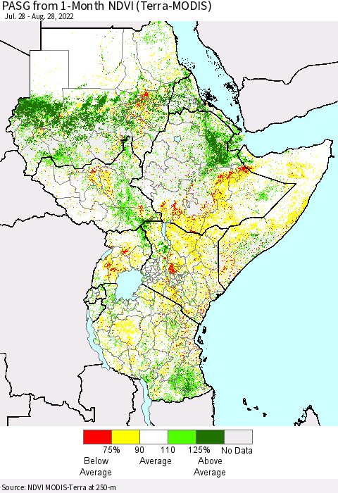 Eastern Africa PASG from 1-Month NDVI (Terra-MODIS) Thematic Map For 8/21/2022 - 8/28/2022