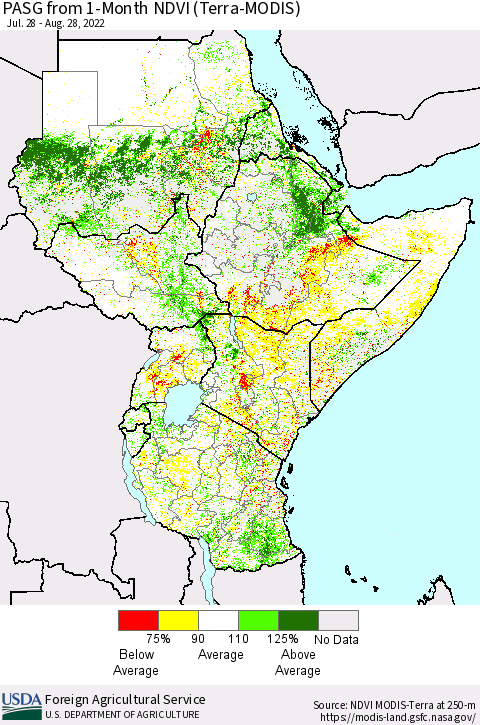 Eastern Africa PASG from 1-Month NDVI (Terra-MODIS) Thematic Map For 8/21/2022 - 8/31/2022