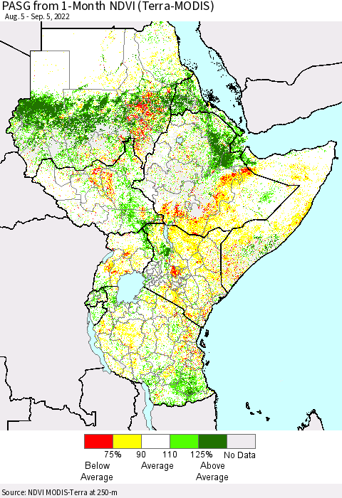 Eastern Africa PASG from 1-Month NDVI (Terra-MODIS) Thematic Map For 8/29/2022 - 9/5/2022