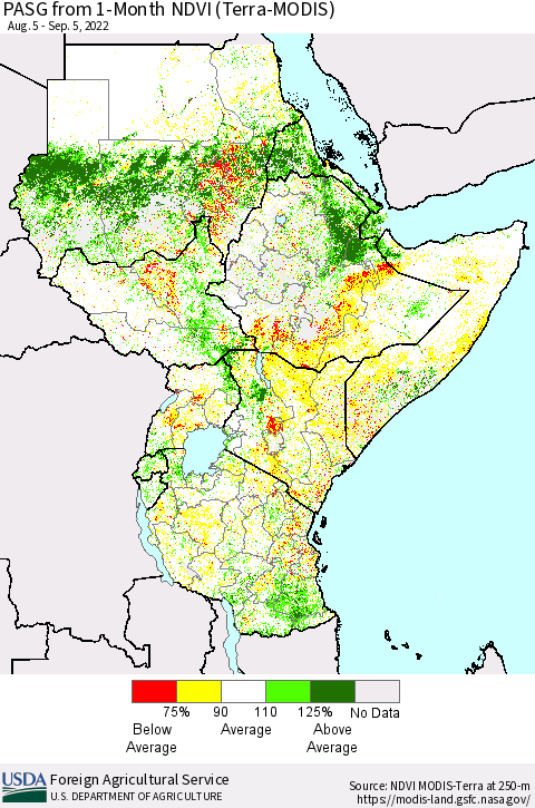 Eastern Africa PASG from 1-Month NDVI (Terra-MODIS) Thematic Map For 9/1/2022 - 9/10/2022