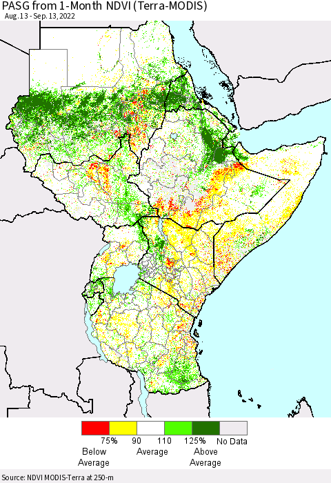 Eastern Africa PASG from 1-Month NDVI (Terra-MODIS) Thematic Map For 9/6/2022 - 9/13/2022