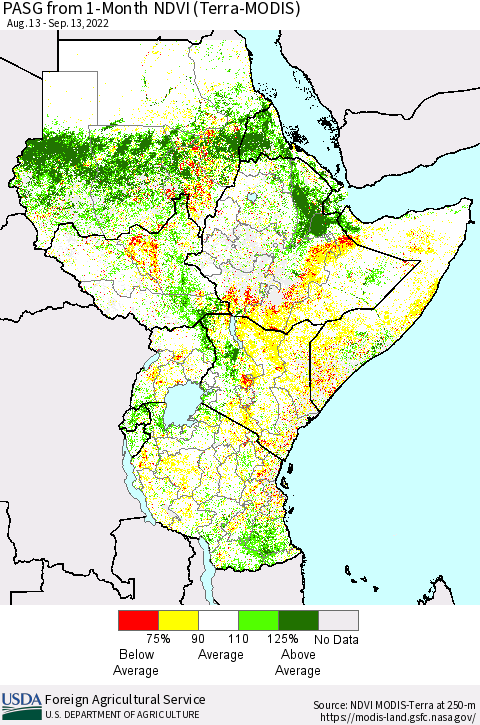 Eastern Africa PASG from 1-Month NDVI (Terra-MODIS) Thematic Map For 9/11/2022 - 9/20/2022