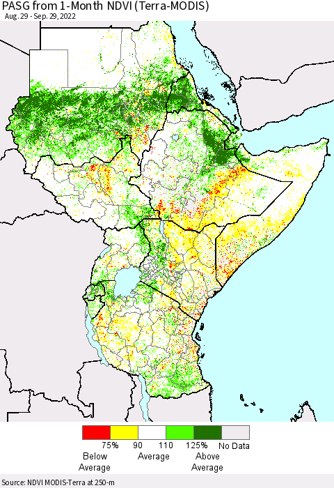 Eastern Africa PASG from 1-Month NDVI (Terra-MODIS) Thematic Map For 9/22/2022 - 9/29/2022