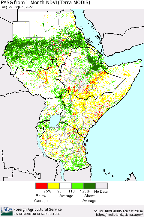 Eastern Africa PASG from 1-Month NDVI (Terra-MODIS) Thematic Map For 9/21/2022 - 9/30/2022