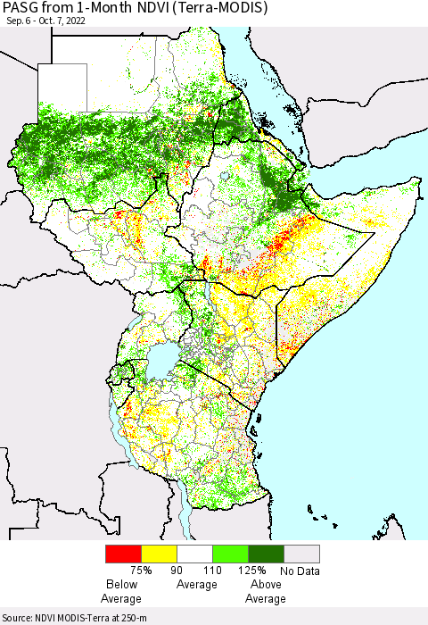 Eastern Africa PASG from 1-Month NDVI (Terra-MODIS) Thematic Map For 9/30/2022 - 10/7/2022
