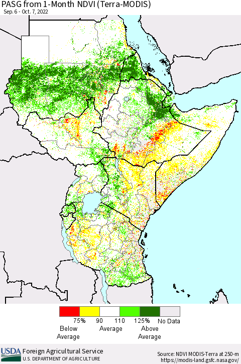 Eastern Africa PASG from 1-Month NDVI (Terra-MODIS) Thematic Map For 10/1/2022 - 10/10/2022