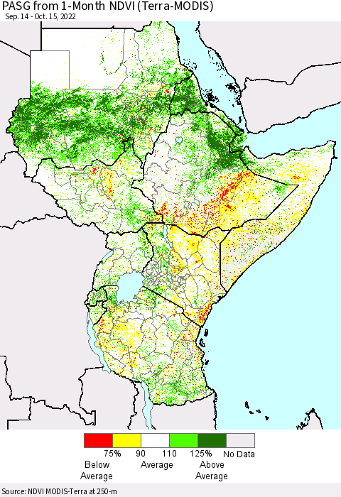Eastern Africa PASG from 1-Month NDVI (Terra-MODIS) Thematic Map For 10/8/2022 - 10/15/2022