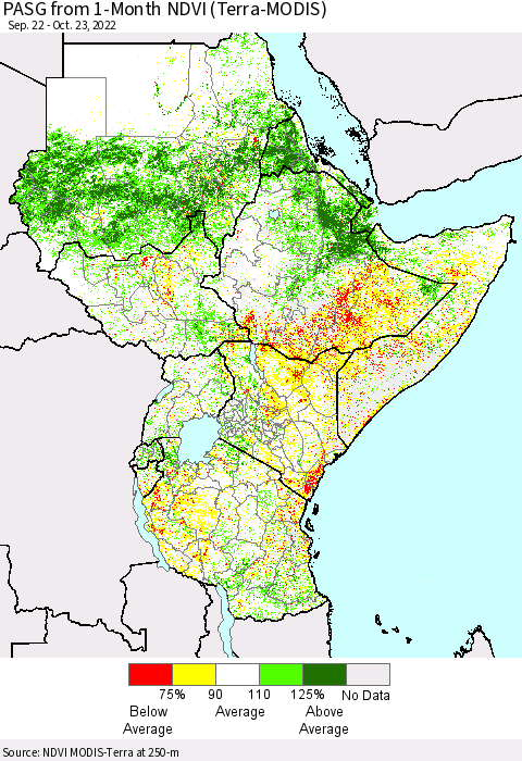 Eastern Africa PASG from 1-Month NDVI (Terra-MODIS) Thematic Map For 10/16/2022 - 10/23/2022