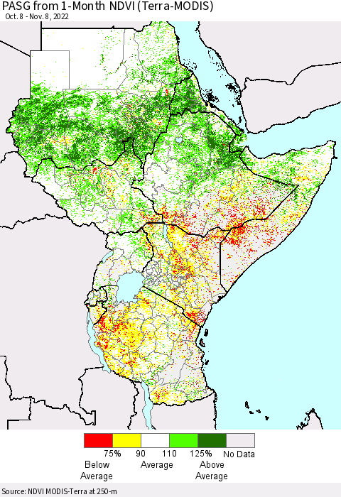 Eastern Africa PASG from 1-Month NDVI (Terra-MODIS) Thematic Map For 11/1/2022 - 11/8/2022