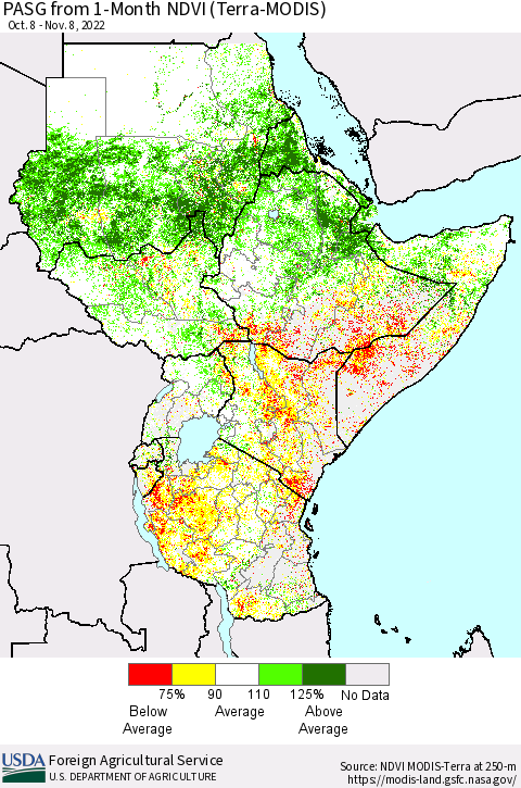 Eastern Africa PASG from 1-Month NDVI (Terra-MODIS) Thematic Map For 11/1/2022 - 11/10/2022