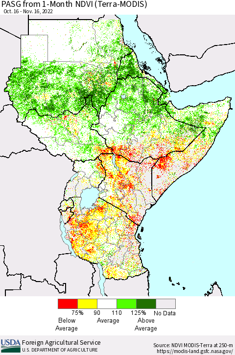 Eastern Africa PASG from 1-Month NDVI (Terra-MODIS) Thematic Map For 11/11/2022 - 11/20/2022