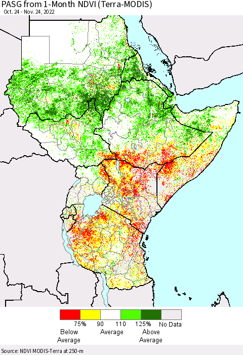 Eastern Africa PASG from 1-Month NDVI (Terra-MODIS) Thematic Map For 11/17/2022 - 11/24/2022