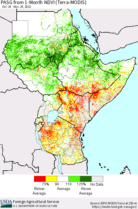 Eastern Africa PASG from 1-Month NDVI (Terra-MODIS) Thematic Map For 11/21/2022 - 11/30/2022