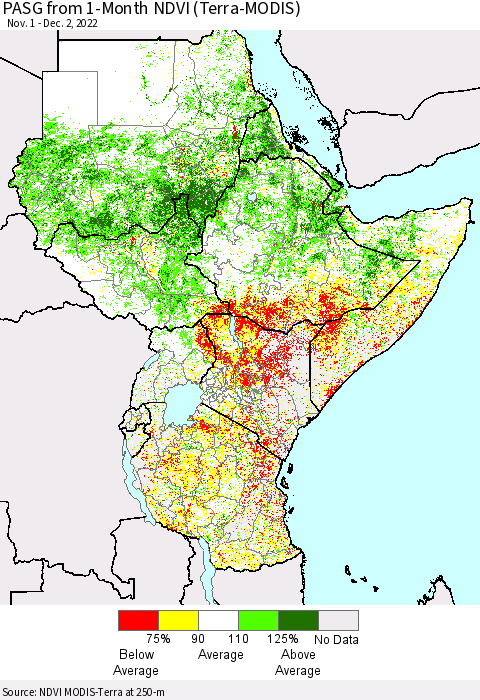 Eastern Africa PASG from 1-Month NDVI (Terra-MODIS) Thematic Map For 11/25/2022 - 12/2/2022