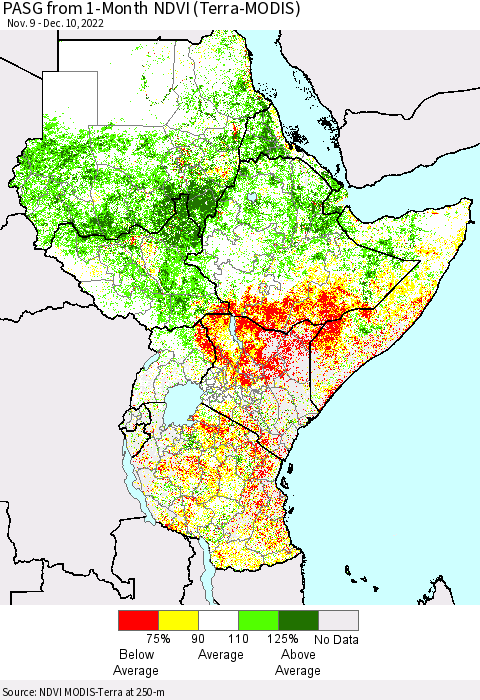 Eastern Africa PASG from 1-Month NDVI (Terra-MODIS) Thematic Map For 12/3/2022 - 12/10/2022
