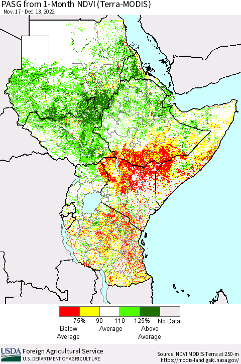 Eastern Africa PASG from 1-Month NDVI (Terra-MODIS) Thematic Map For 12/11/2022 - 12/20/2022